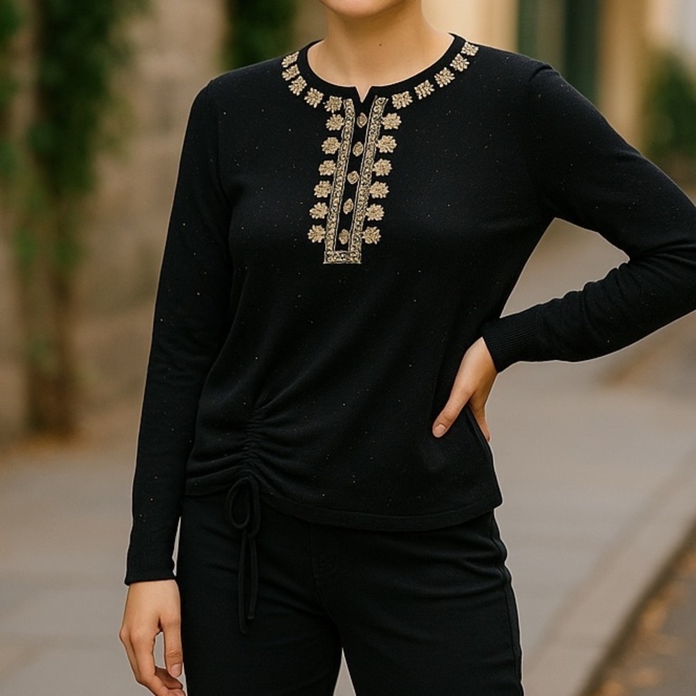 Eiger Weger XL Sweater Top Black Gold Sparkle Sequins Long Sleeves Cotton Knit